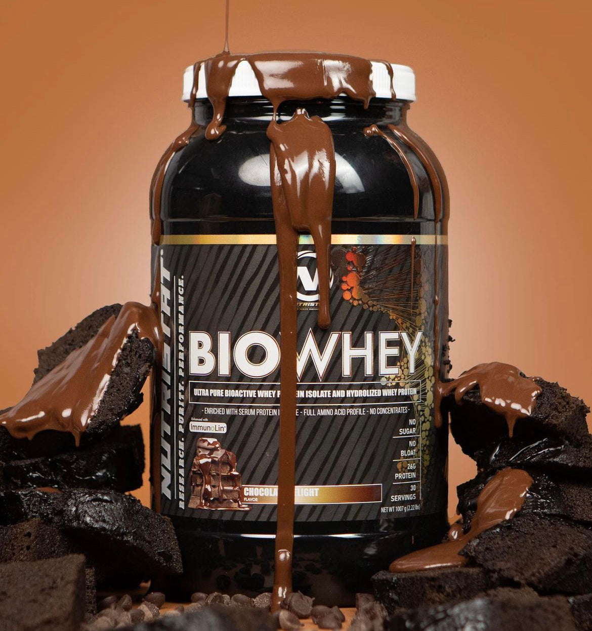 Bio Whey protein supplement jar with chocolate dripping, showcases protein for staying lean benefits.