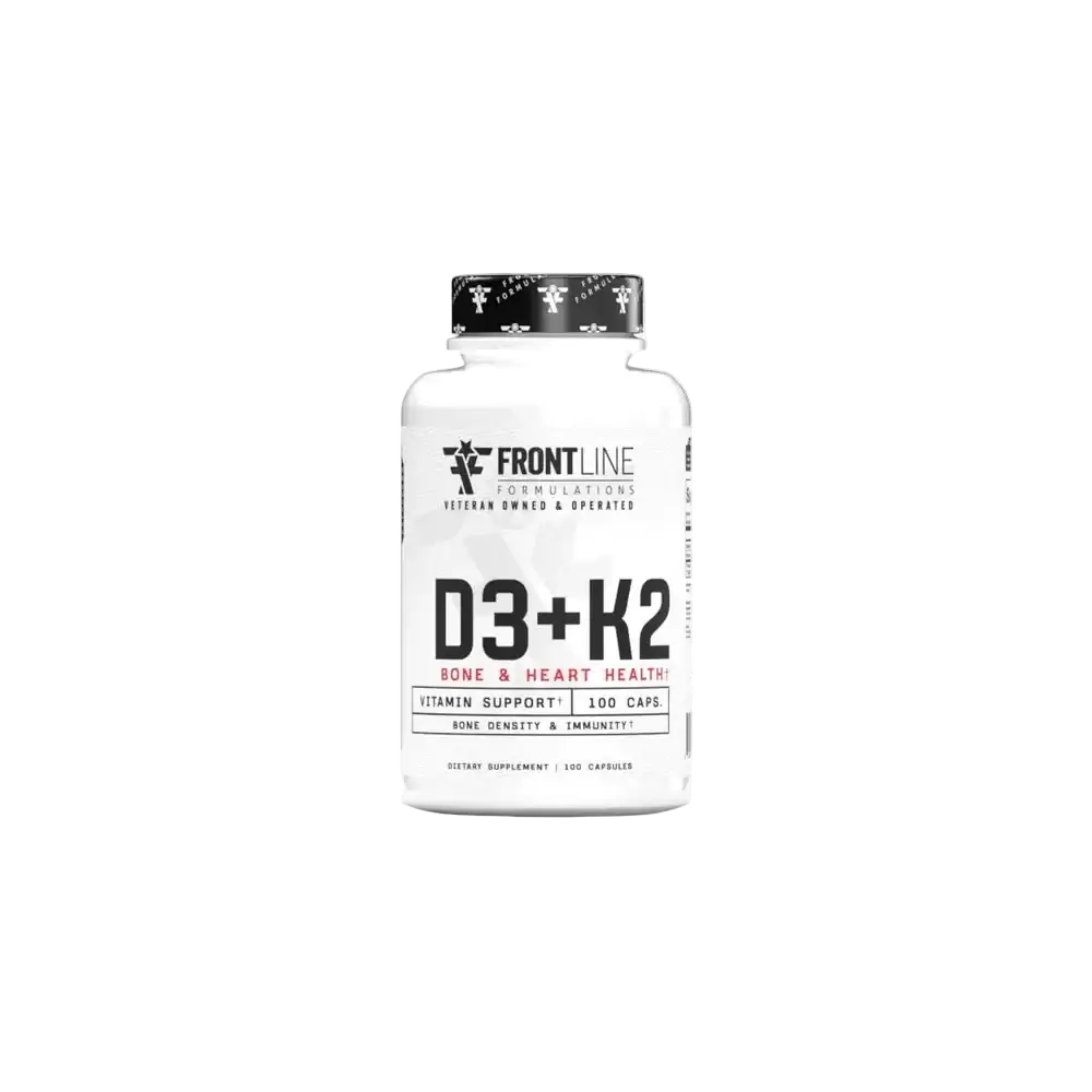 D3 K2 vitamin supplement for bone health, immune support, and cardiovascular wellness by Frontline Formulations.