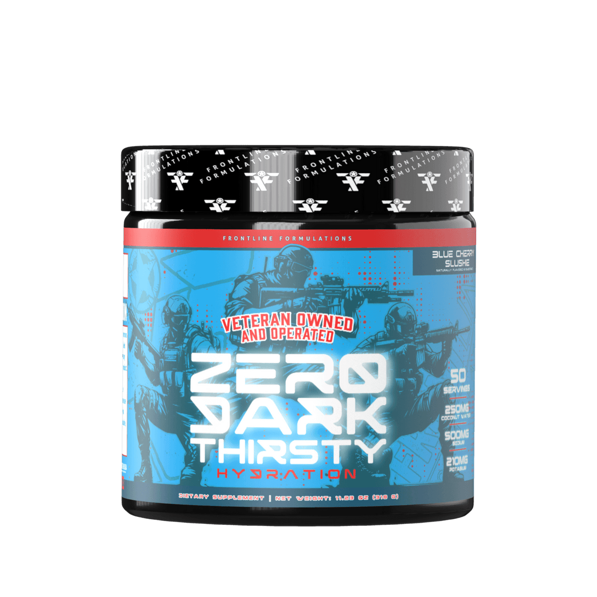 Zero Dark Thirsty hydration supplement in Blue Cherry Slushie flavor, 50 servings, designed for athletes and hydration support.