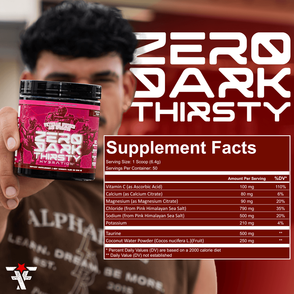 Zero Dark Thirsty hydration supplement container showcasing supplement facts for hydration, electrolytes, and recovery.