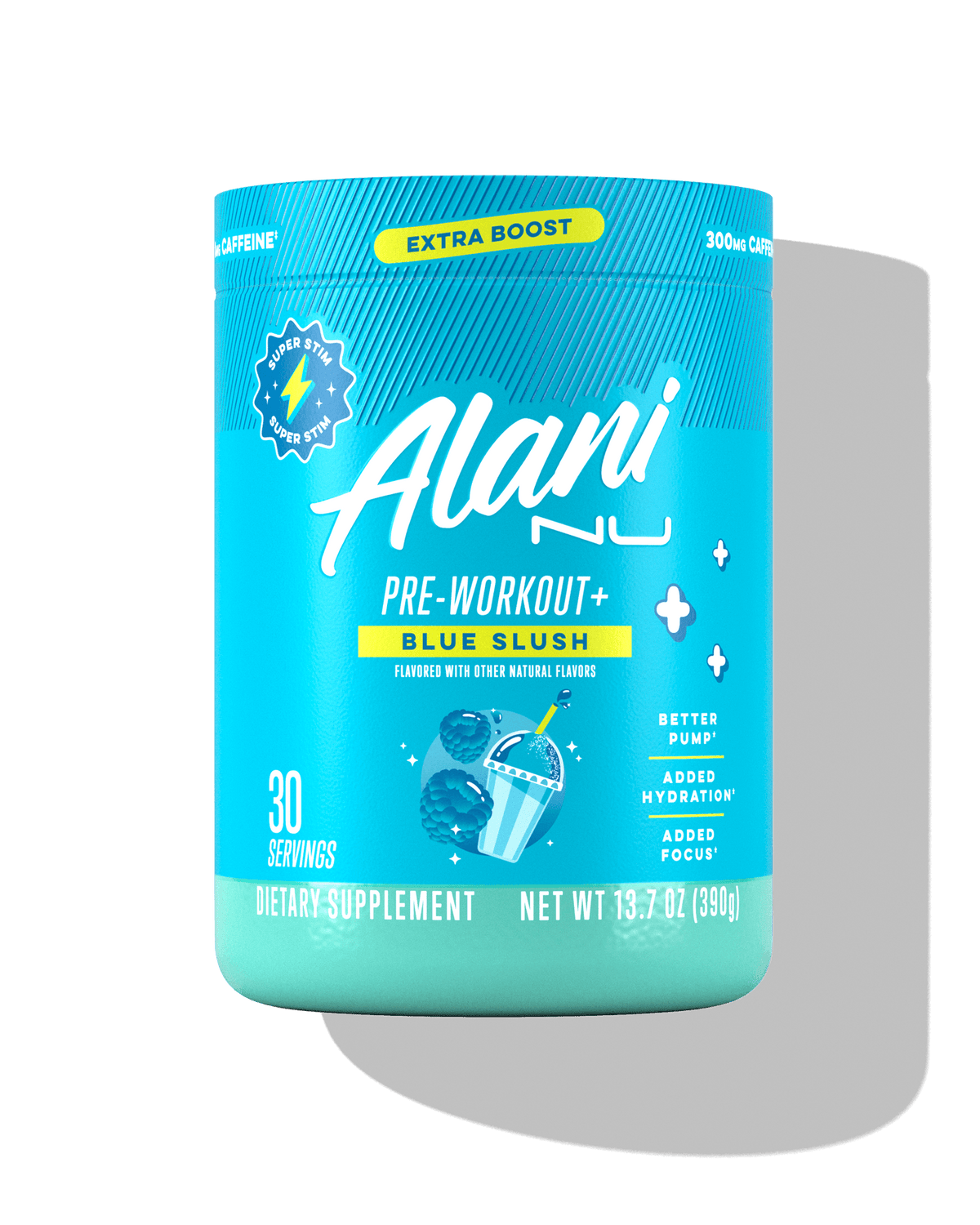 Alani Nu preworkout supplement in Blue Slush flavor designed to support better pump and hydration with 300mg caffeine.