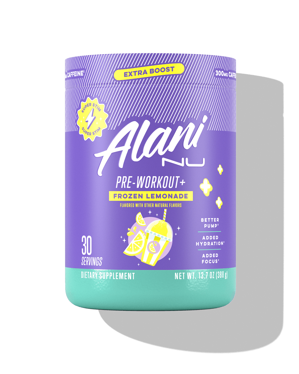 Alani Nu preworkout supplement in Frozen Lemonade flavor, supports hydration and focus with 300mg caffeine per scoop.