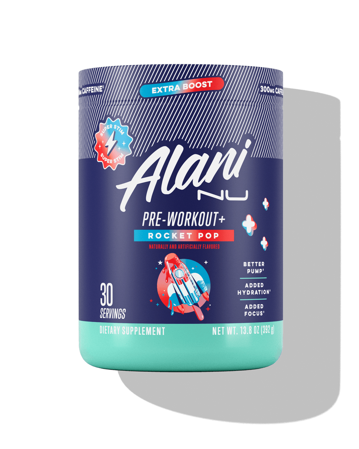 Alani Nu preworkout supplement in Rocket Pop flavor for added focus, hydration, and better pump with 300mg caffeine.