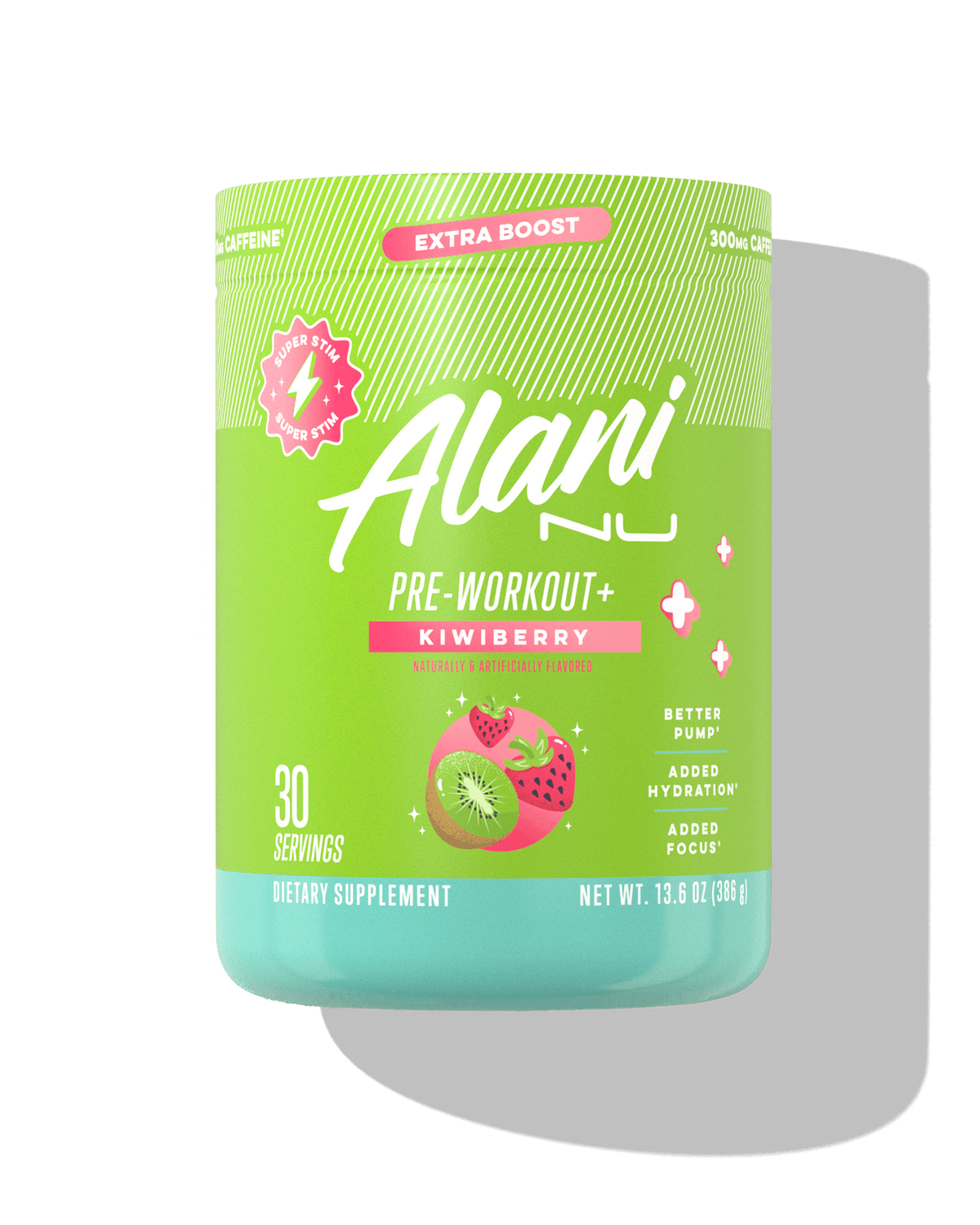 Alani Nu preworkout supplement in Kiwi Berry flavor supports better pump, added hydration, and focus with 300mg caffeine.