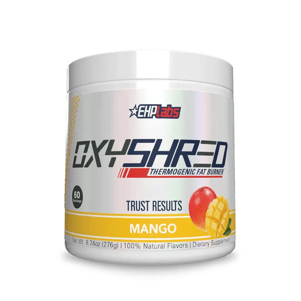 EHP Labs Oxyshred thermogenic fat burner in Mango flavor, supporting fat metabolism and energy boost.