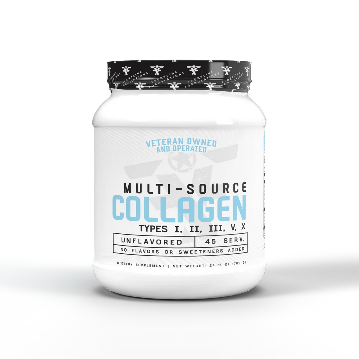 Frontline Multi-Source Collagen designed for athletes, unflavored supplement supporting a balanced diet.
